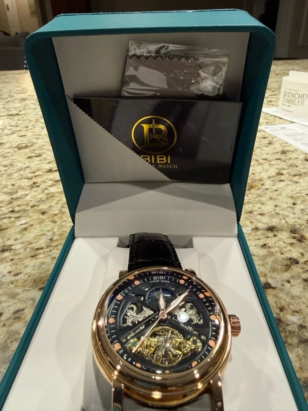 BIBI Rose Gold Skeleton Mechanical Watch with Black Leather Strap